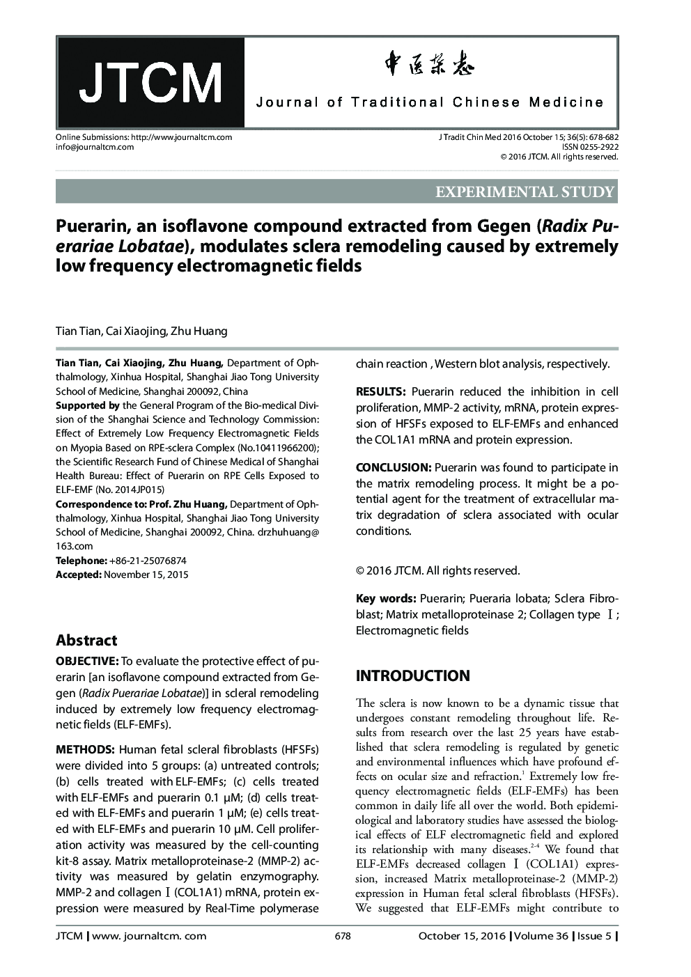 Puerarin, an isoflavone compound extracted from Gegen (Radix Puerariae Lobatae), modulates sclera remodeling caused by extremely low frequency electromagnetic fields