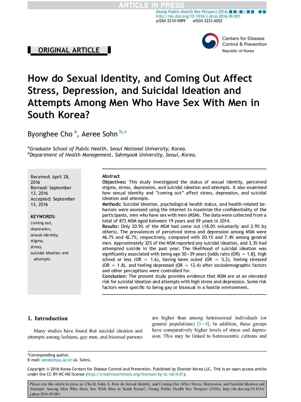 How do Sexual Identity, and Coming Out Affect Stress, Depression, and Suicidal Ideation and Attempts Among Men Who Have Sex With Men in South Korea?