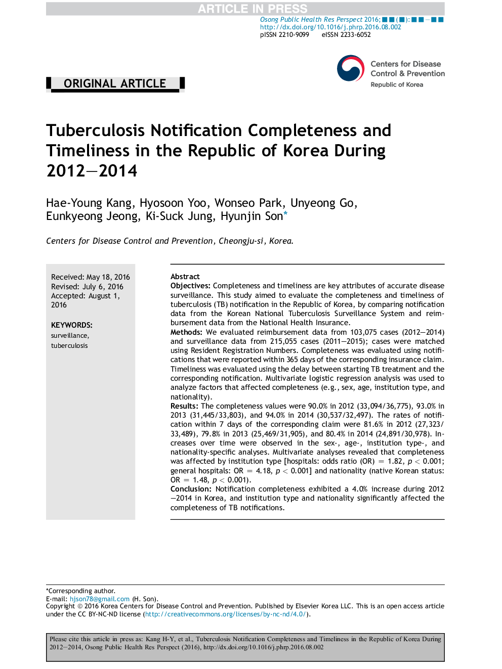 Tuberculosis Notification Completeness and Timeliness in the Republic of Korea During 2012-2014
