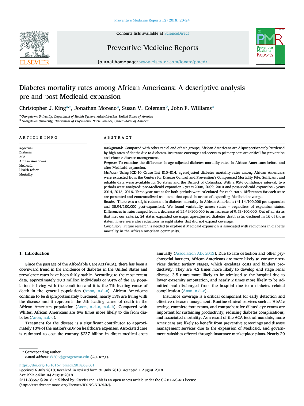 Diabetes mortality rates among African Americans: A descriptive analysis pre and post Medicaid expansion