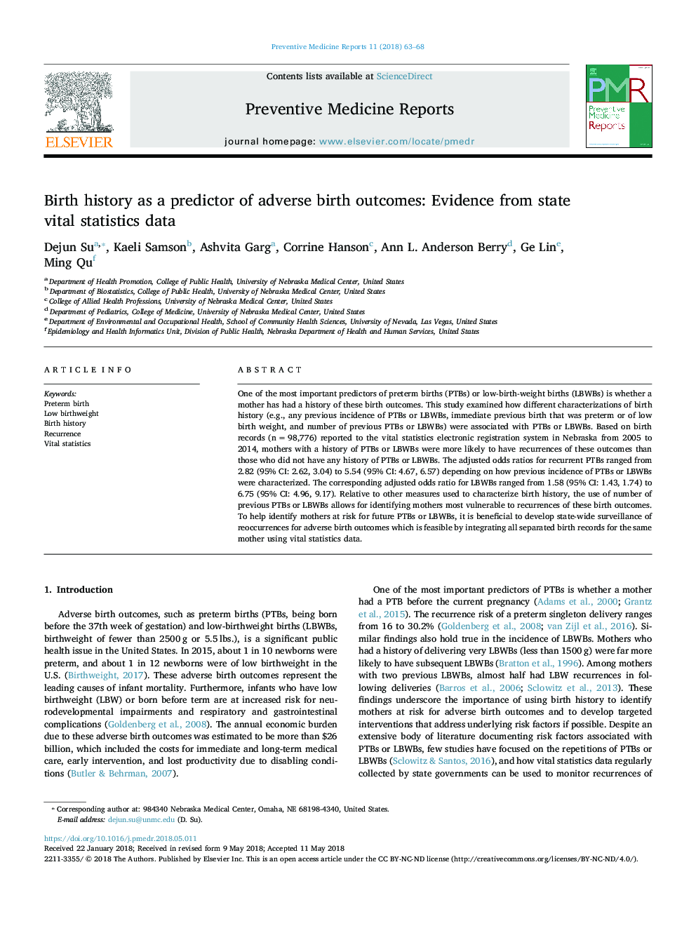 Birth history as a predictor of adverse birth outcomes: Evidence from state vital statistics data