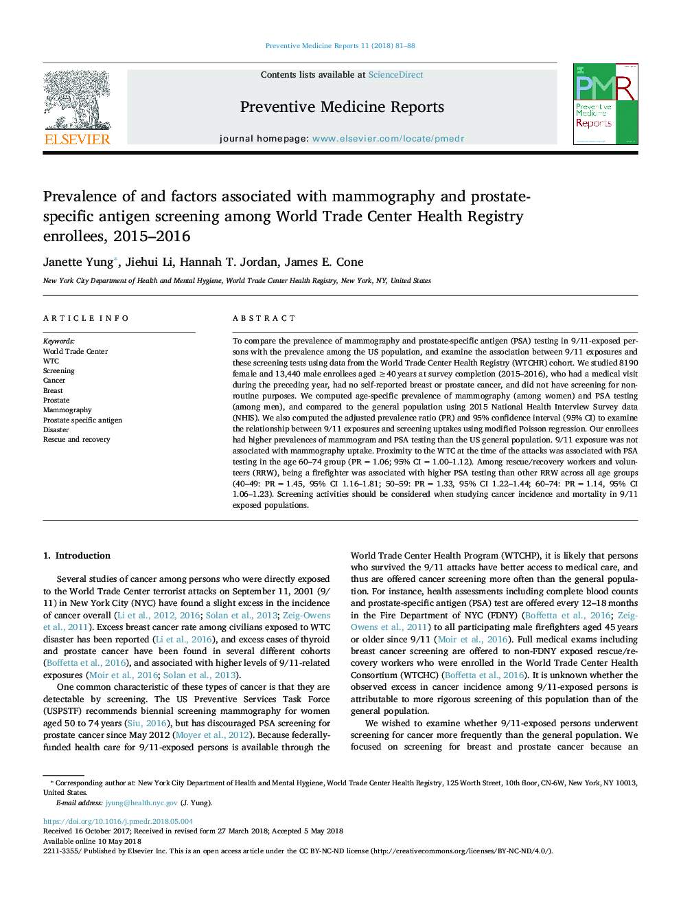 Prevalence of and factors associated with mammography and prostate-specific antigen screening among World Trade Center Health Registry enrollees, 2015-2016