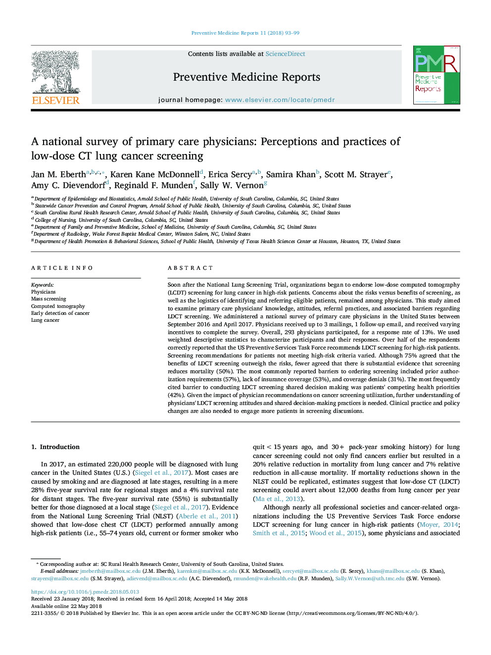 A national survey of primary care physicians: Perceptions and practices of low-dose CT lung cancer screening