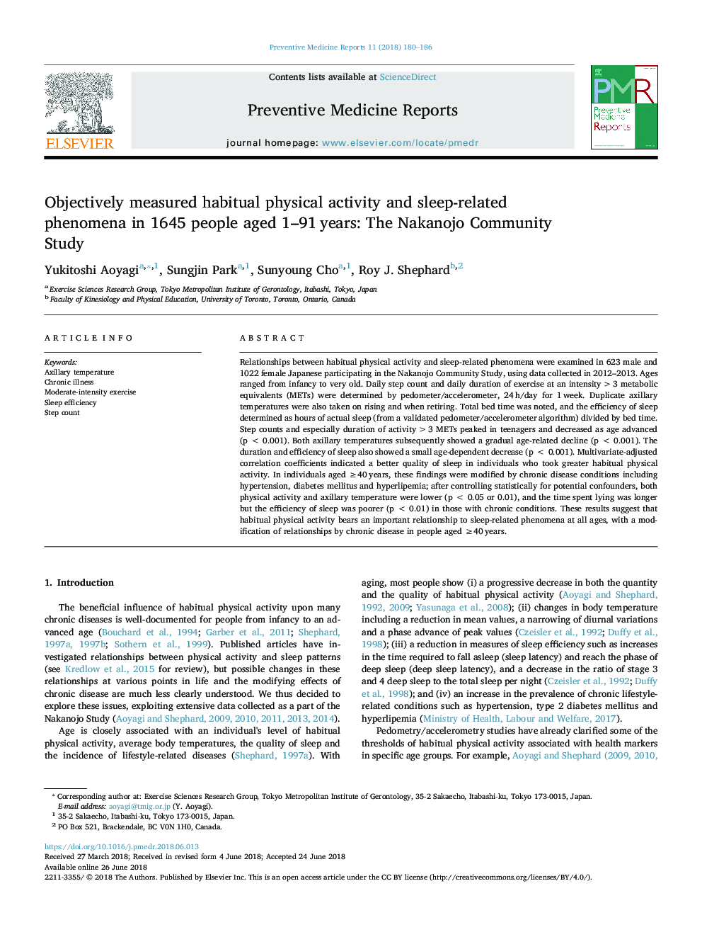 Objectively measured habitual physical activity and sleep-related phenomena in 1645 people aged 1-91â¯years: The Nakanojo Community Study