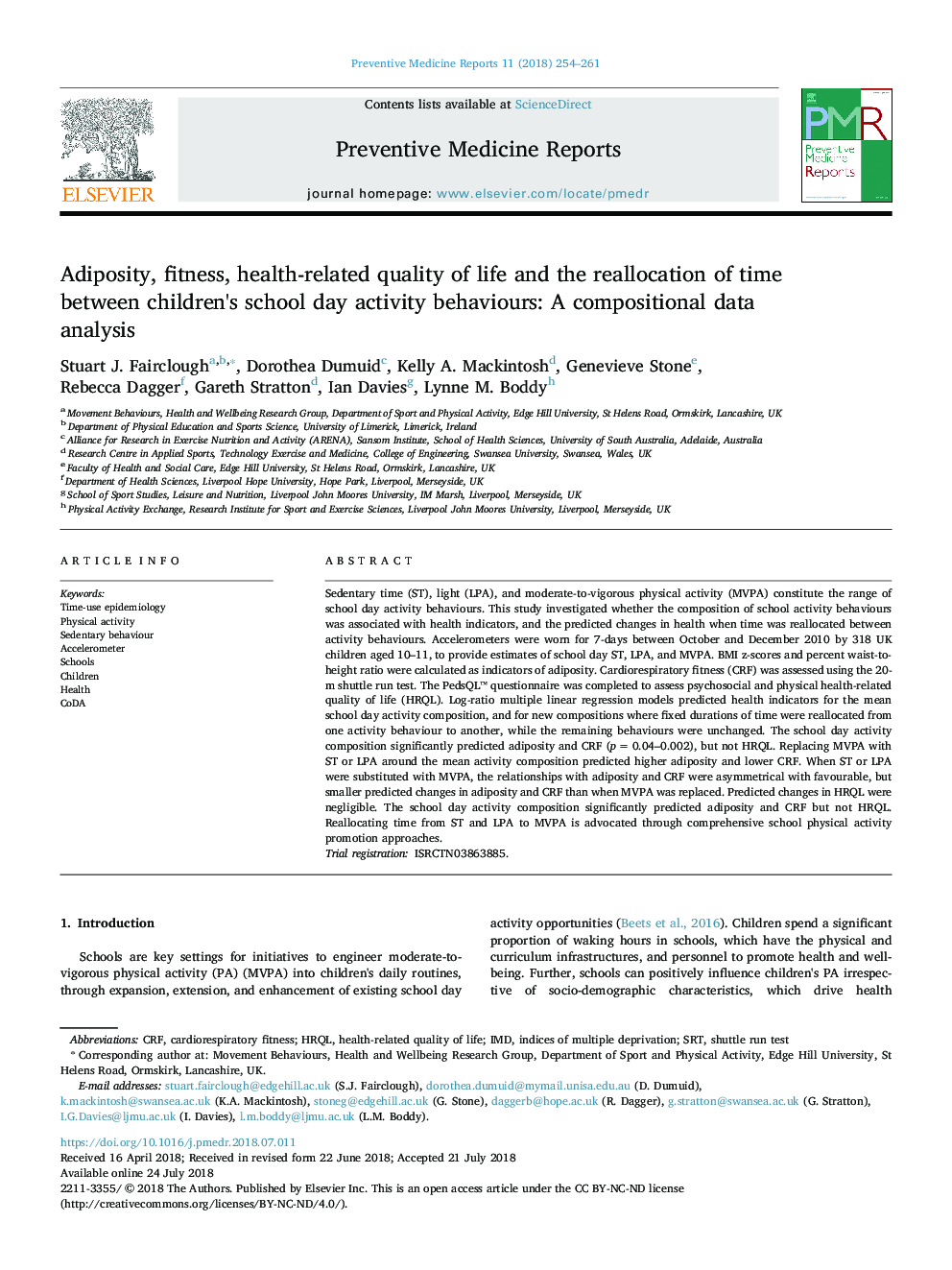 Adiposity, fitness, health-related quality of life and the reallocation of time between children's school day activity behaviours: A compositional data analysis