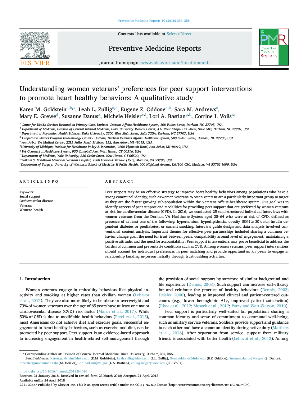 Understanding women veterans' preferences for peer support interventions to promote heart healthy behaviors: A qualitative study