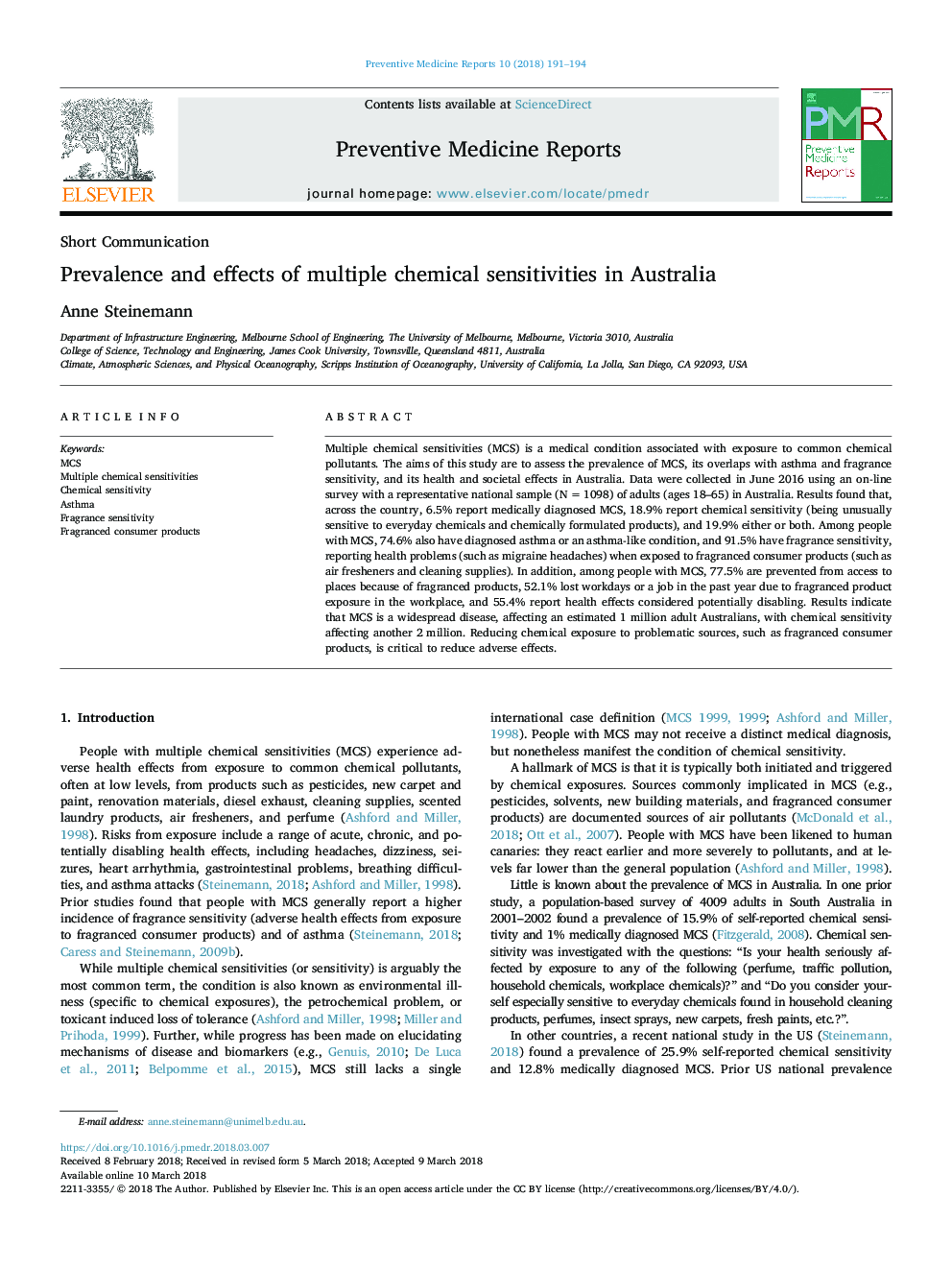 Prevalence and effects of multiple chemical sensitivities in Australia