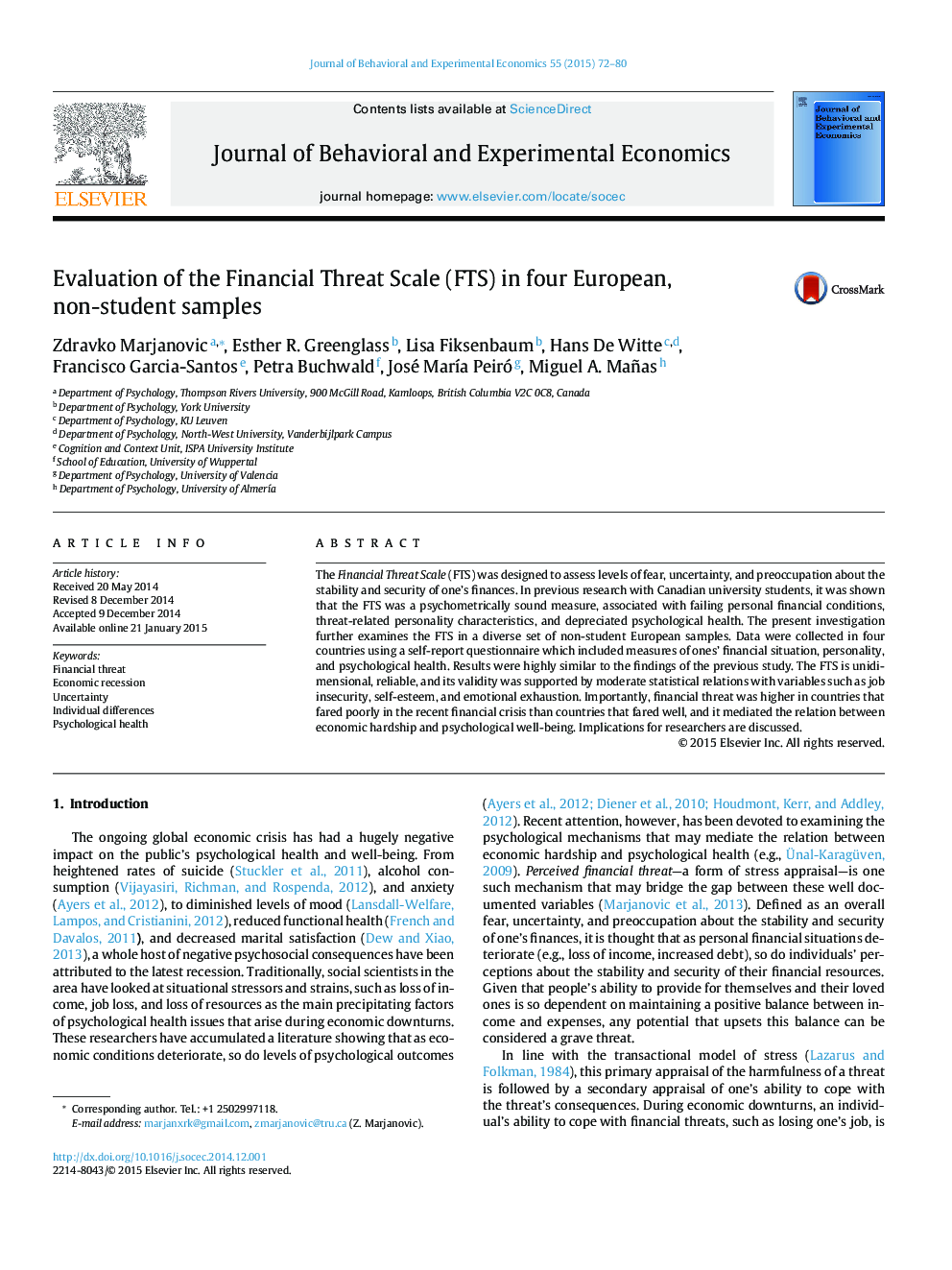 Evaluation of the Financial Threat Scale (FTS) in four European, non-student samples