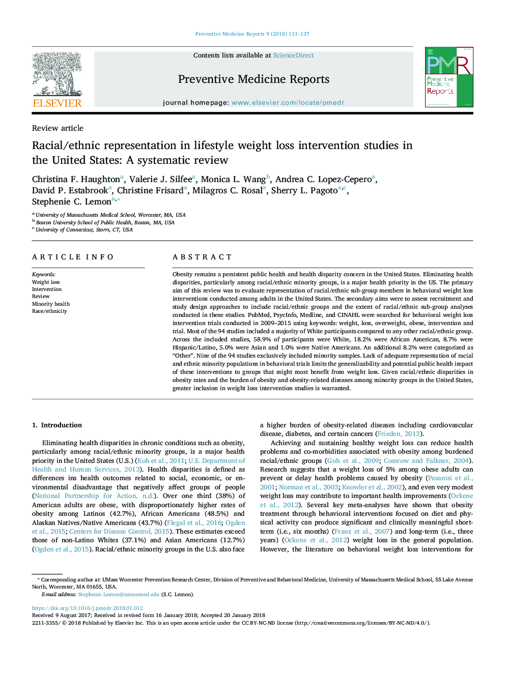 بررسی نژاد / قومی در مطالعات مداخله ای در مورد کاهش وزن سبک زندگی در ایالات متحده: یک بررسی سیستماتیک 