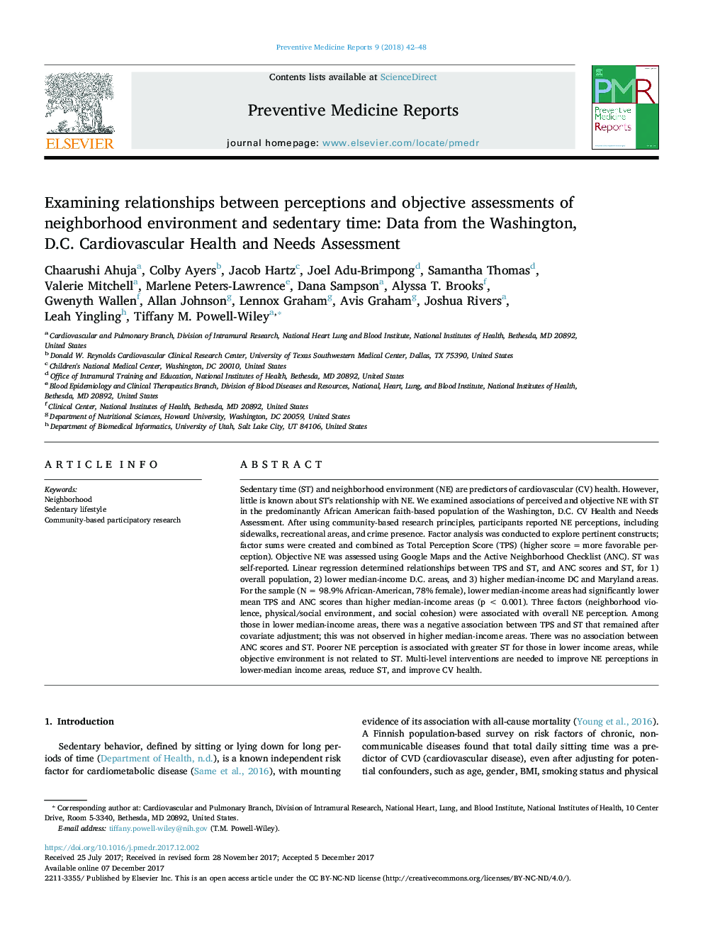 Examining relationships between perceptions and objective assessments of neighborhood environment and sedentary time: Data from the Washington, D.C. Cardiovascular Health and Needs Assessment