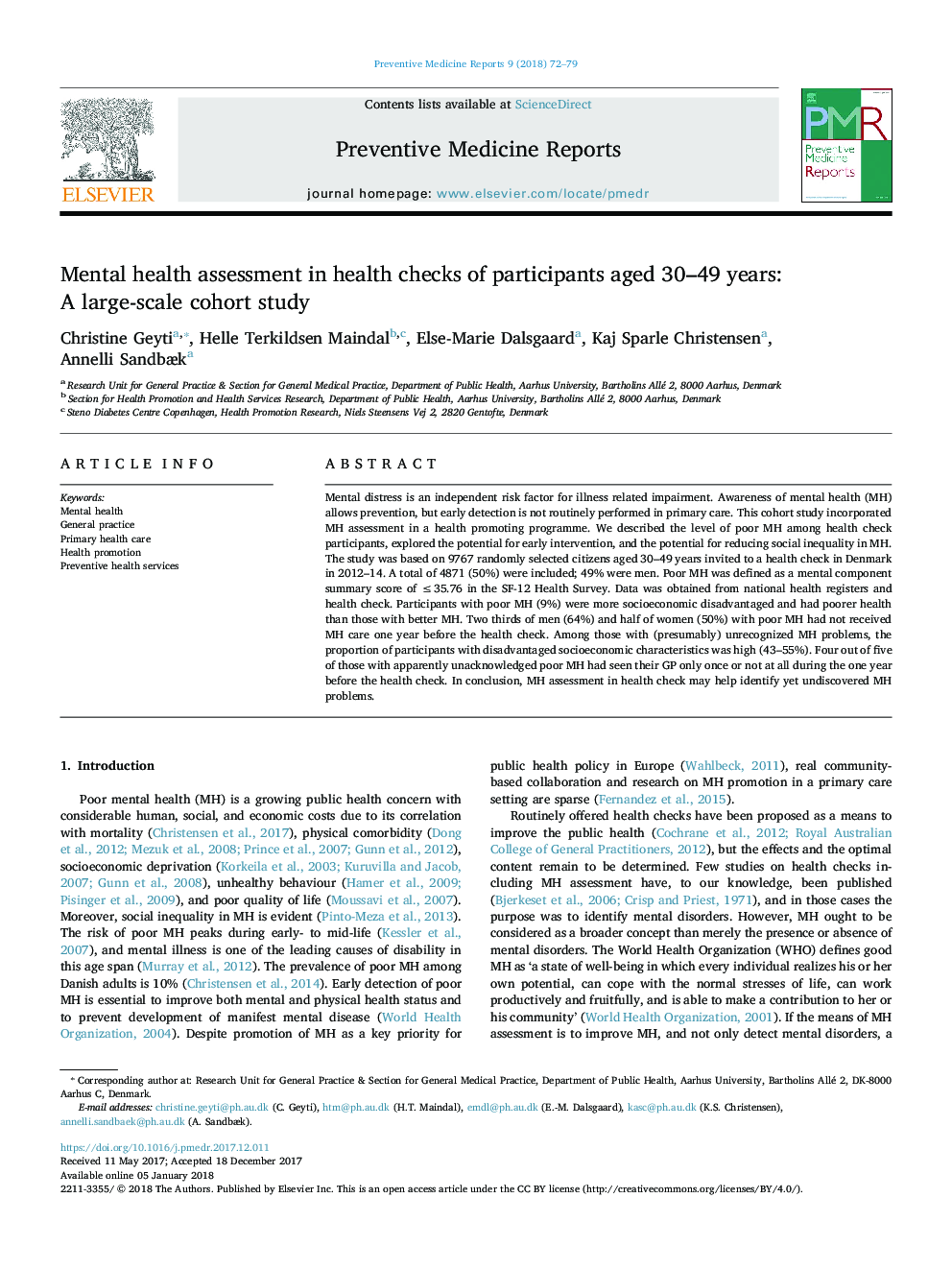 Mental health assessment in health checks of participants aged 30-49Â years: A large-scale cohort study