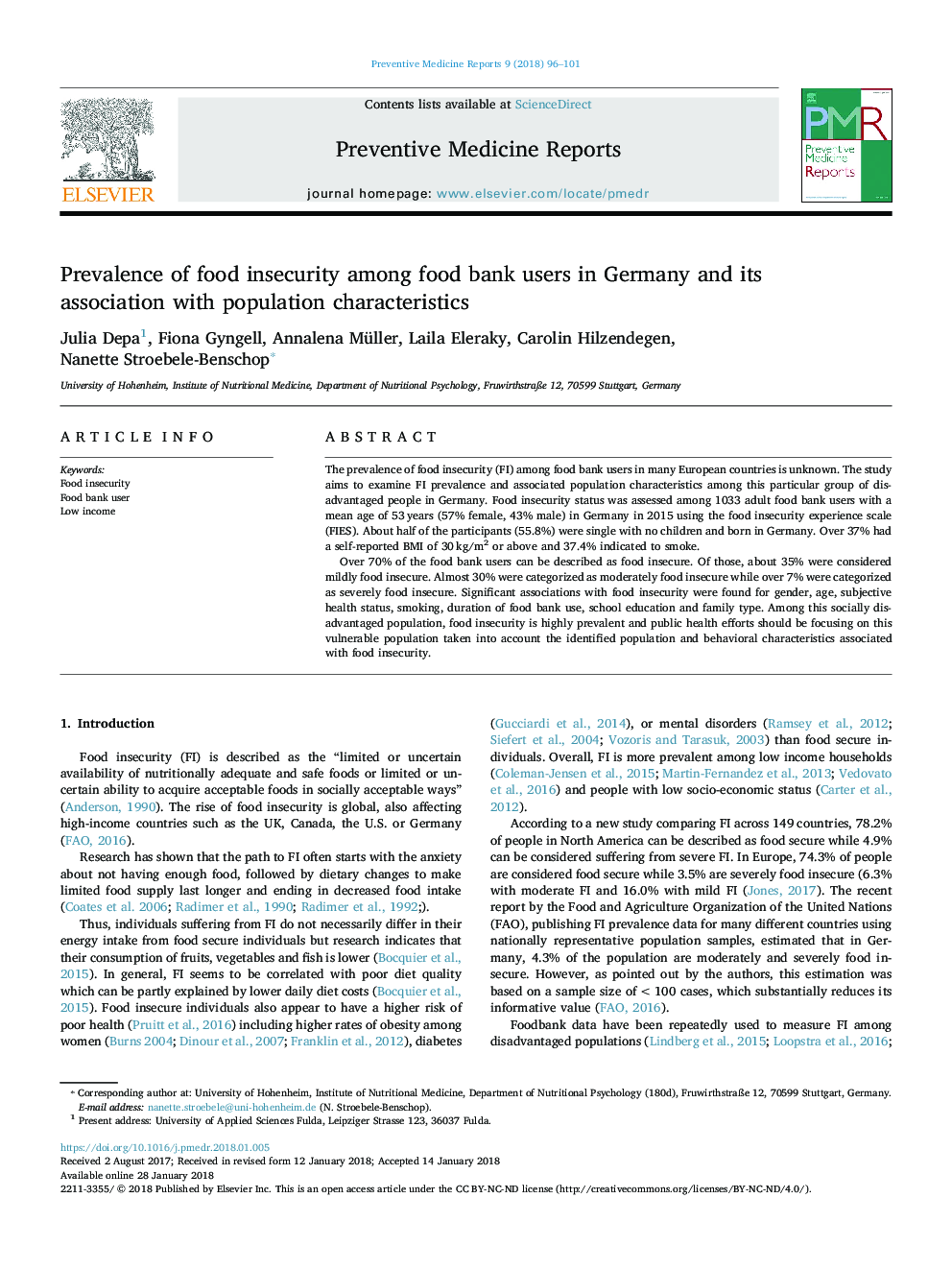 شیوع ناامنی غذایی در بین کاربران بانک غذایی در آلمان و ارتباط آن با ویژگی های جمعیتی 
