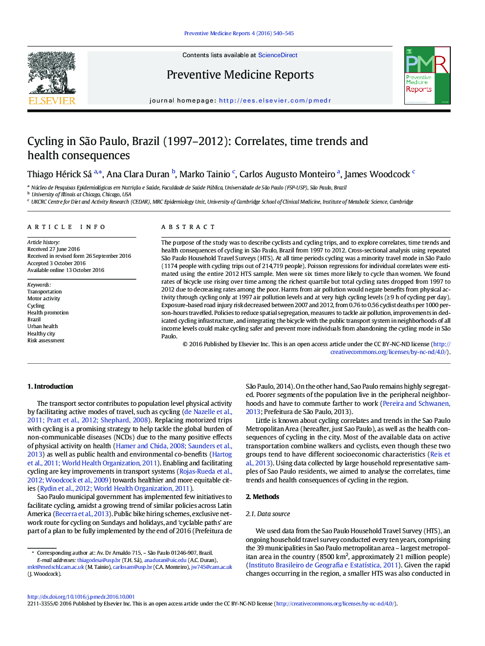 Cycling in SÃ£o Paulo, Brazil (1997-2012): Correlates, time trends and health consequences