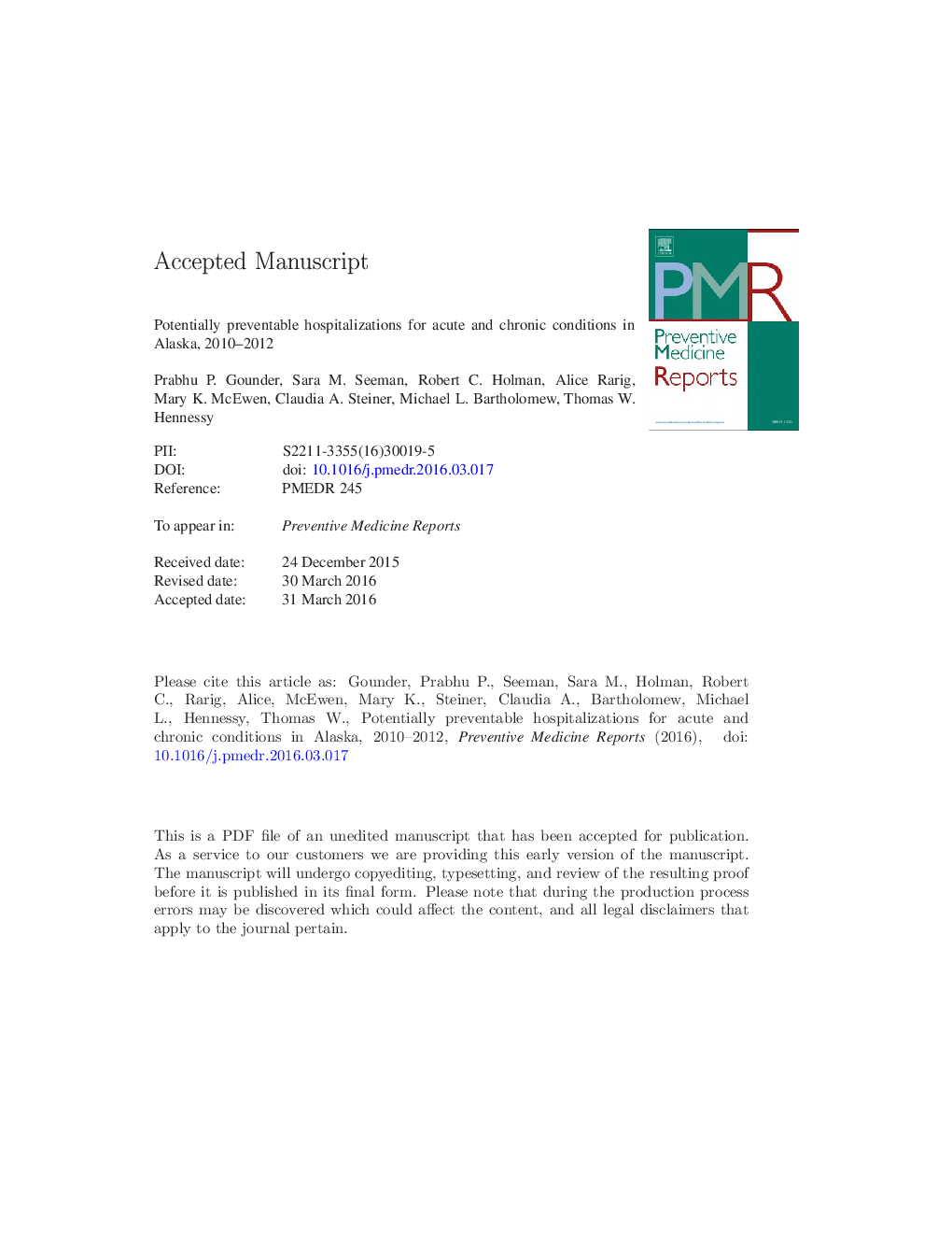 Potentially preventable hospitalizations for acute and chronic conditions in Alaska, 2010-2012