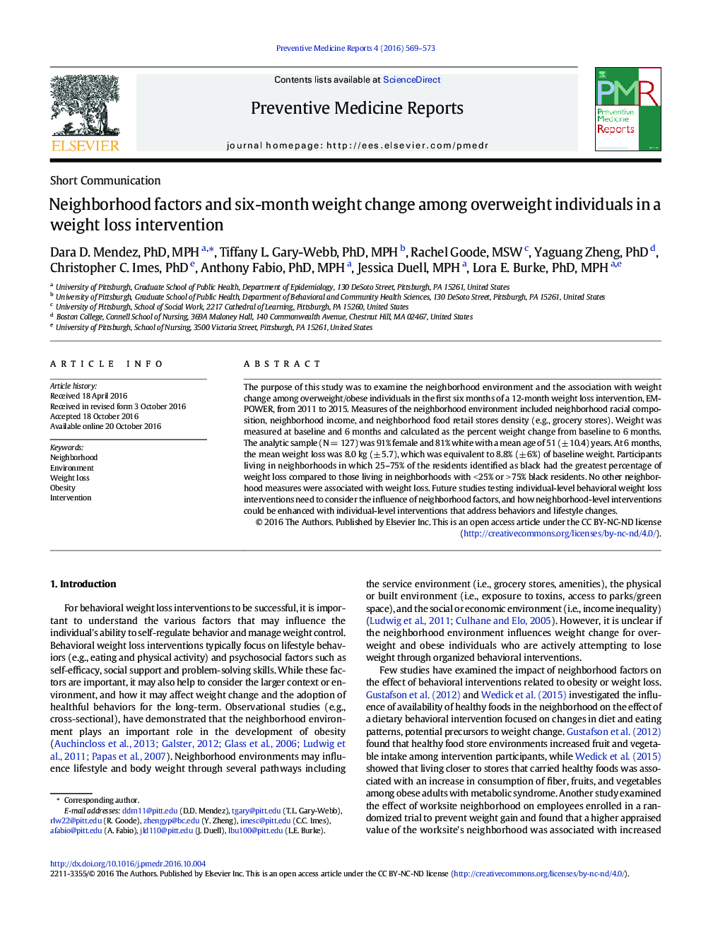 Neighborhood factors and six-month weight change among overweight individuals in a weight loss intervention