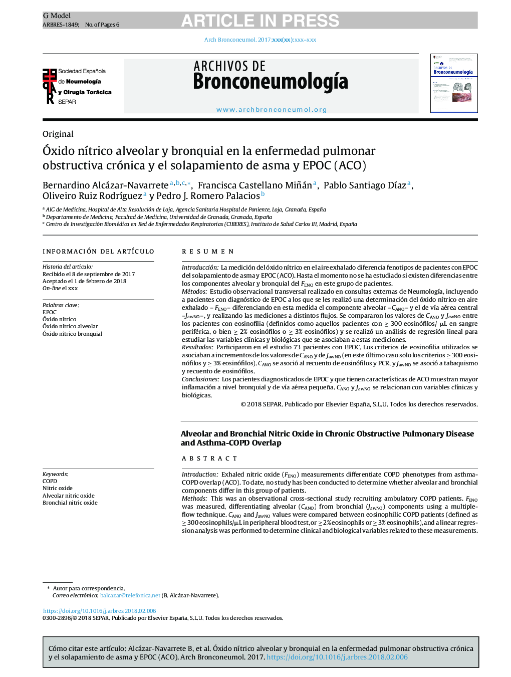 Ãxido nÃ­trico alveolar y bronquial en la enfermedad pulmonar obstructiva crónica y el solapamiento de asma y EPOC (ACO)