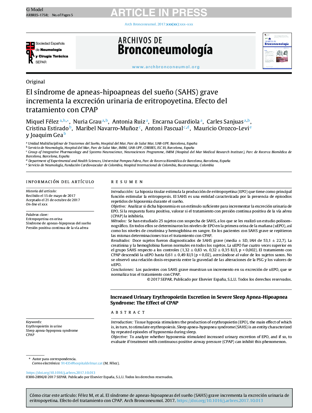 El sÃ­ndrome de apneas-hipoapneas del sueño (SAHS) grave incrementa la excreción urinaria de eritropoyetina. Efecto del tratamiento con CPAP