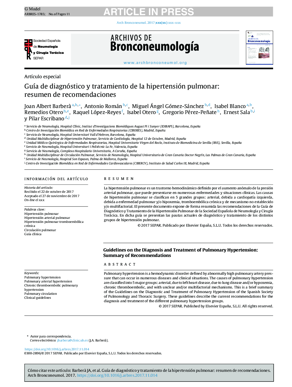 GuÃ­a de diagnóstico y tratamiento de la hipertensión pulmonar: resumen de recomendaciones