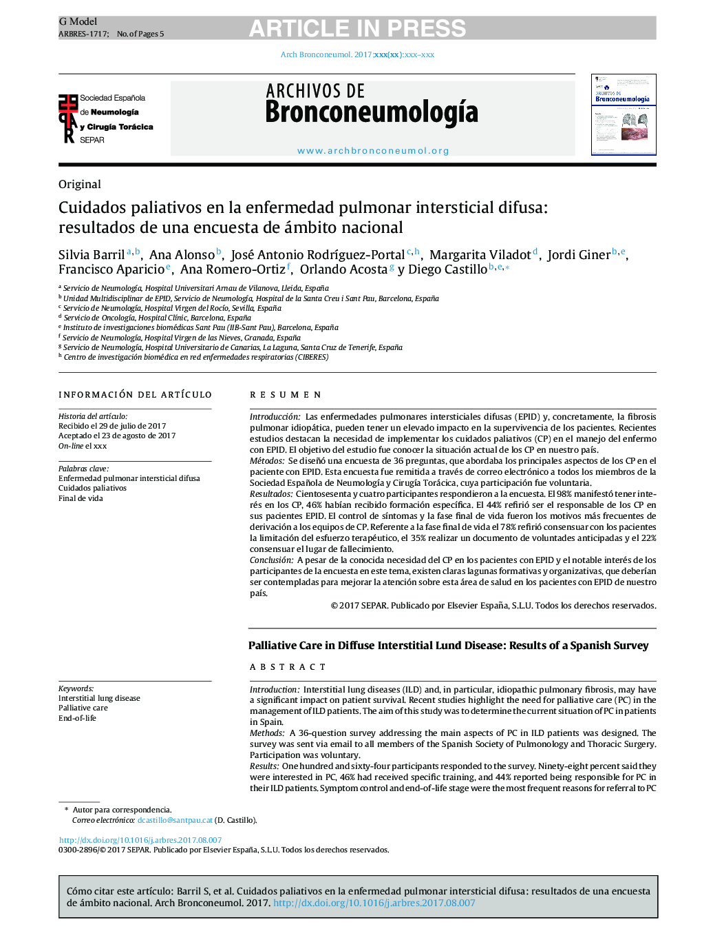 Cuidados paliativos en la enfermedad pulmonar intersticial difusa: resultados de una encuesta de ámbito nacional