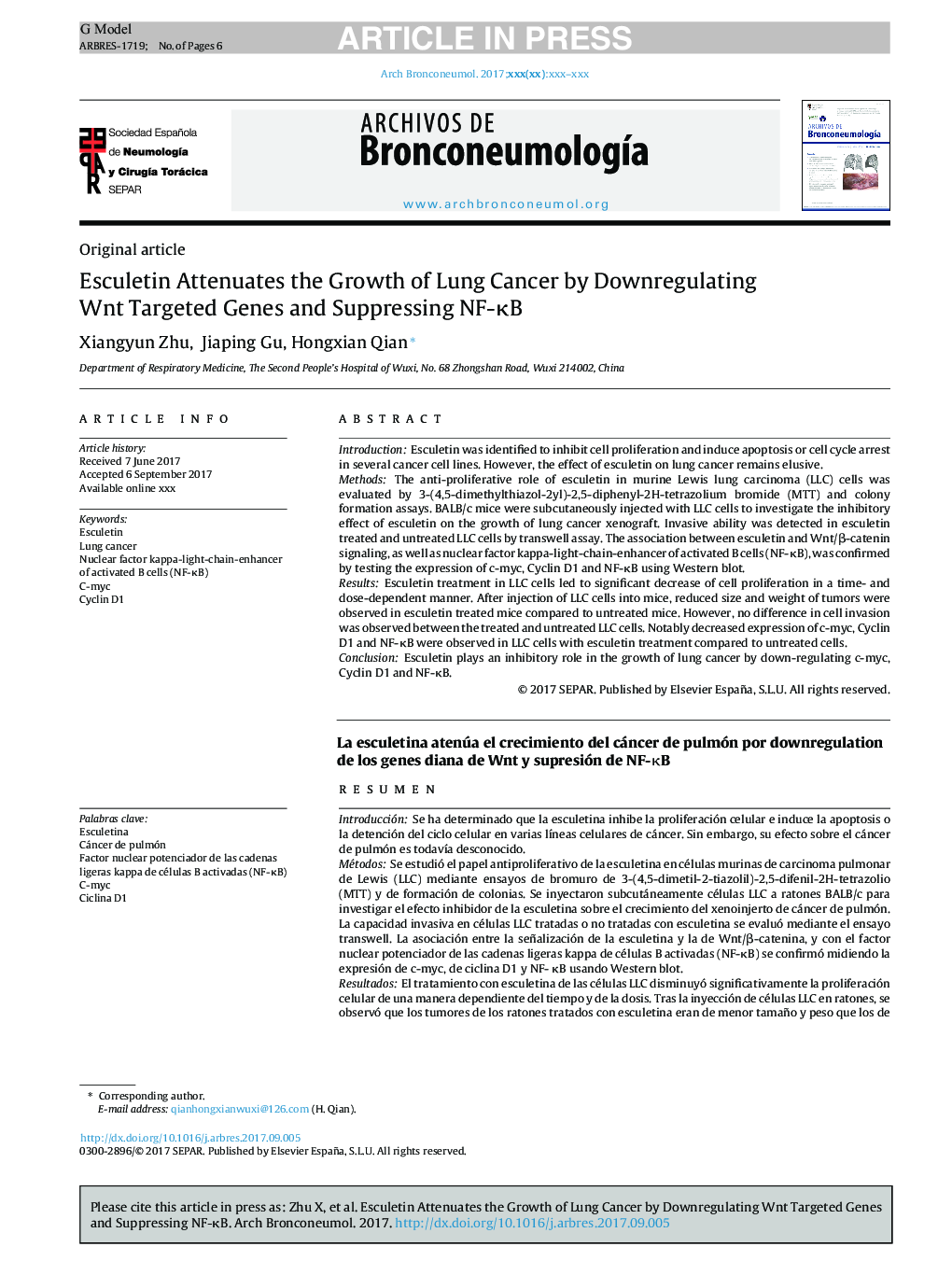 Esculetin Attenuates the Growth of Lung Cancer by Downregulating Wnt Targeted Genes and Suppressing NF-ÎºB