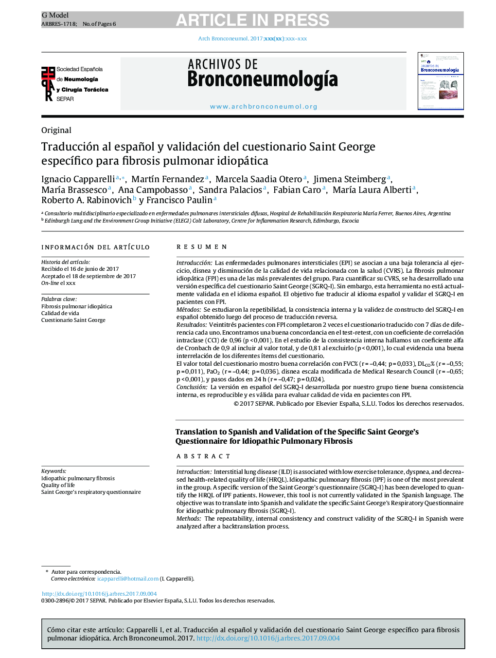 Traducción al español y validación del cuestionario Saint George especÃ­fico para fibrosis pulmonar idiopática