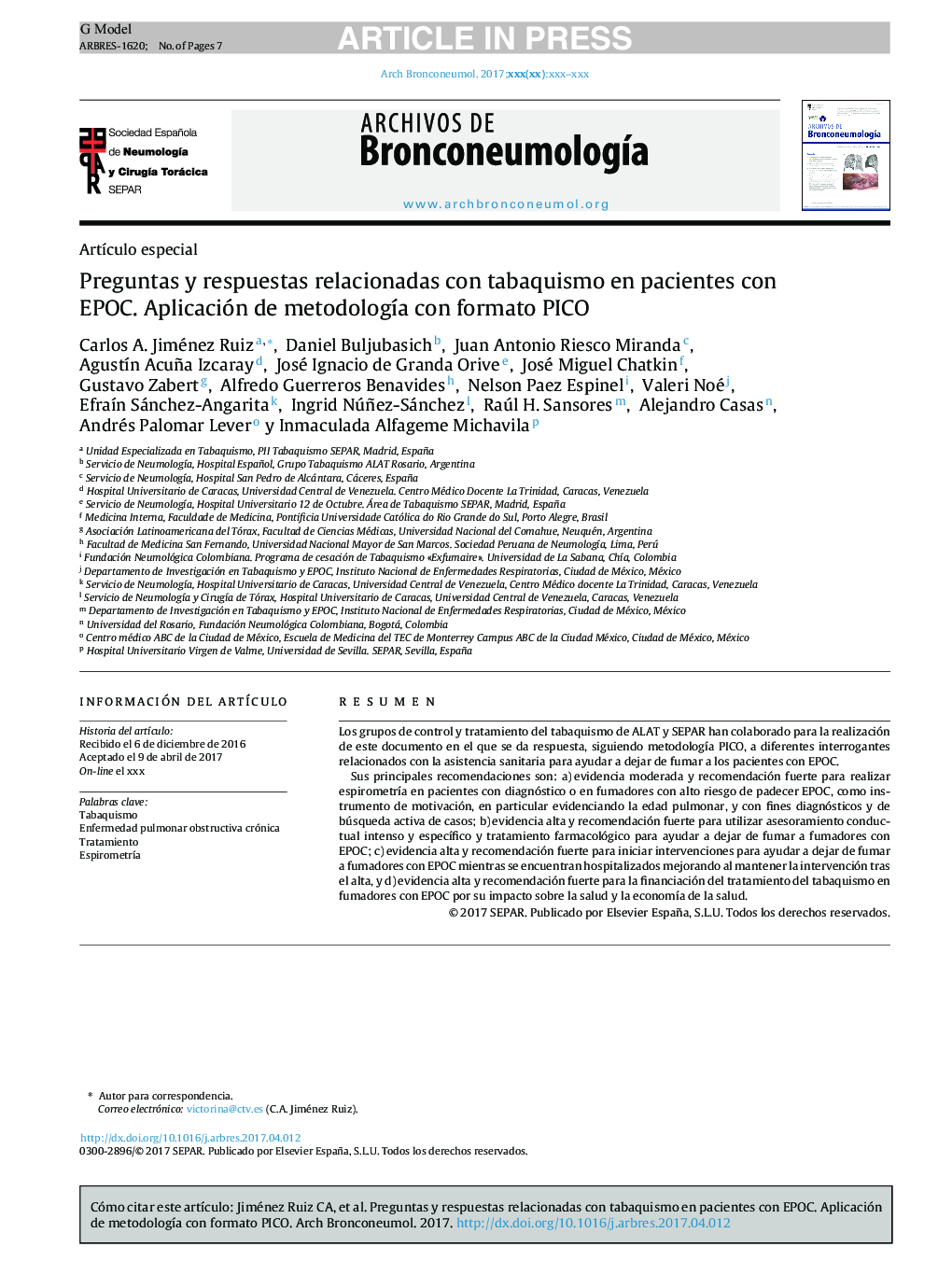 Preguntas y respuestas relacionadas con tabaquismo en pacientes con EPOC. Aplicación de metodologÃ­a con formato PICO