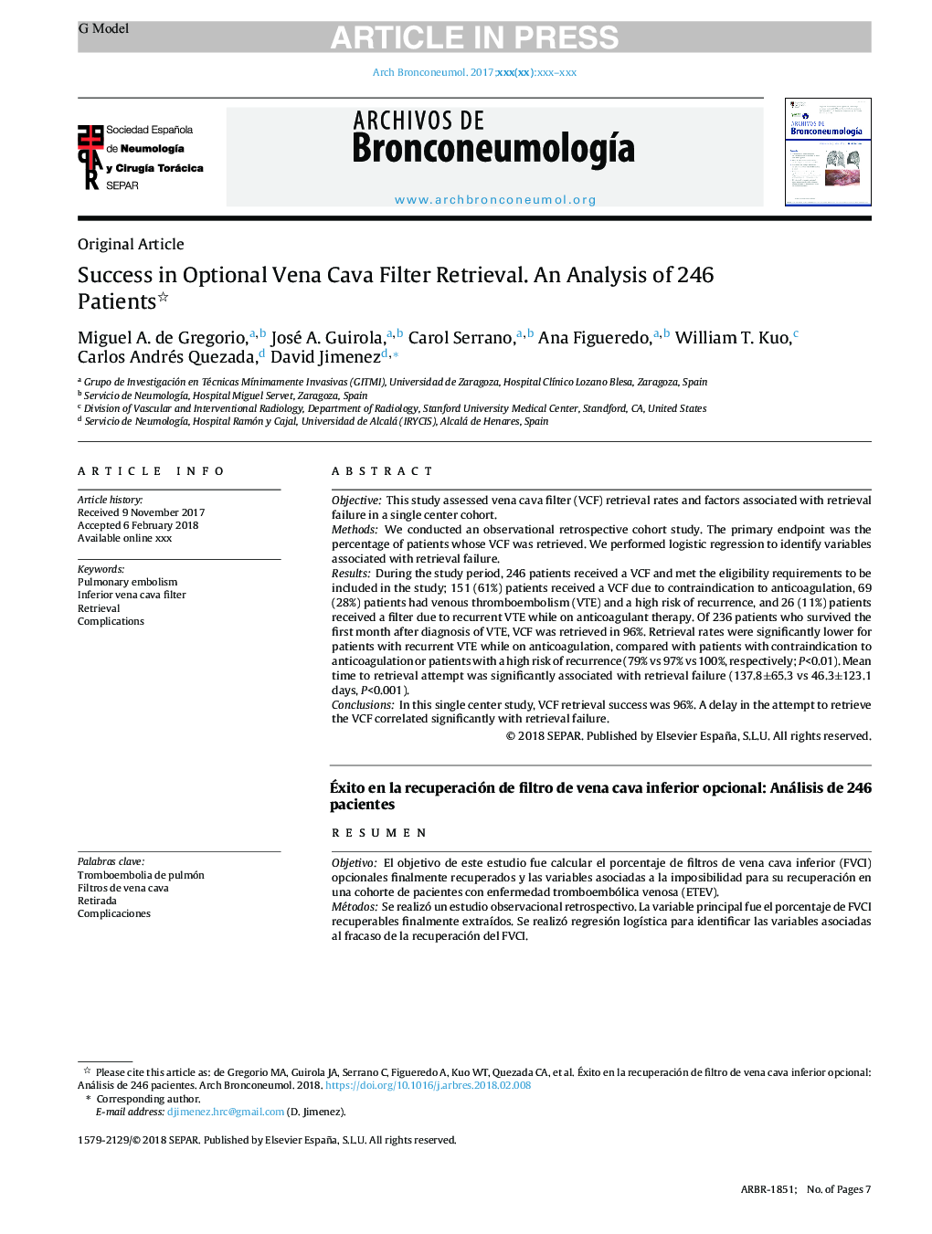 Success in Optional Vena Cava Filter Retrieval. An Analysis of 246 Patients