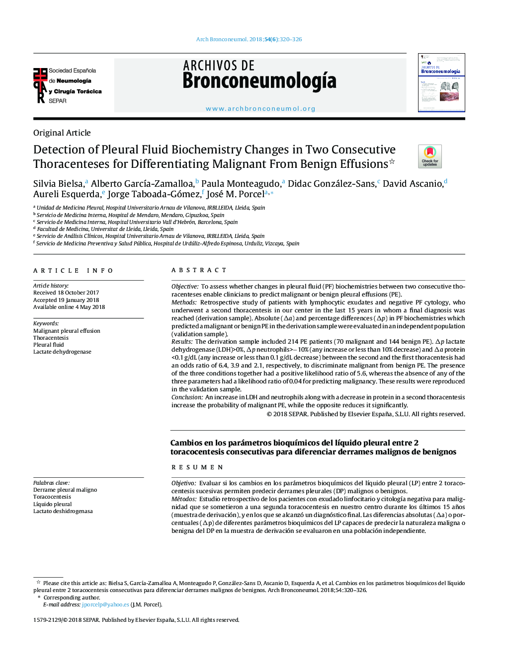 Detection of Pleural Fluid Biochemistry Changes in Two Consecutive Thoracenteses for Differentiating Malignant From Benign Effusions