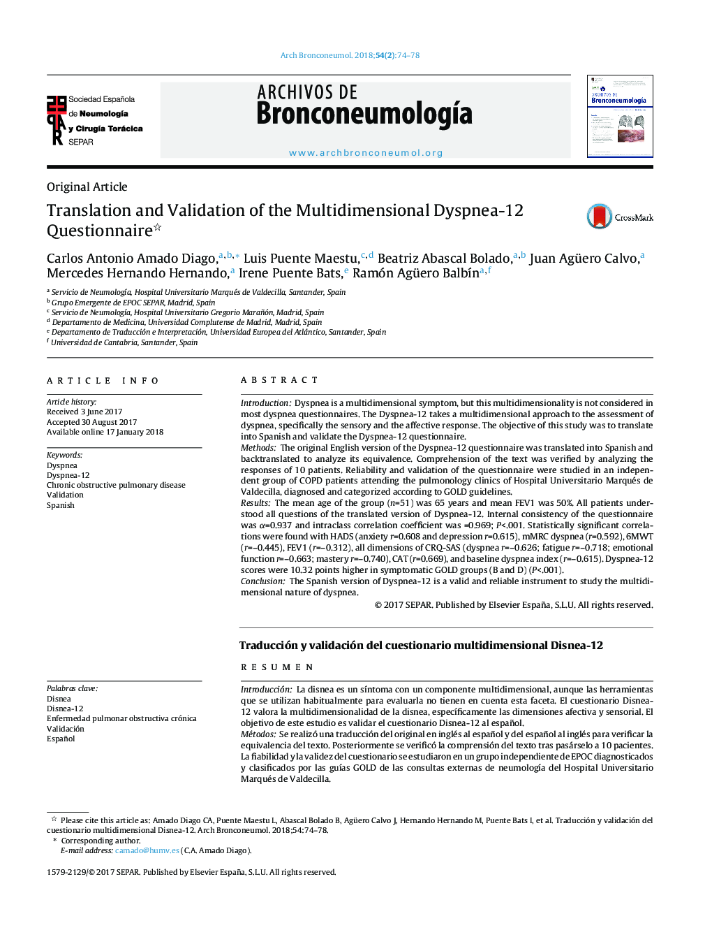 Translation and Validation of the Multidimensional Dyspnea-12 Questionnaire