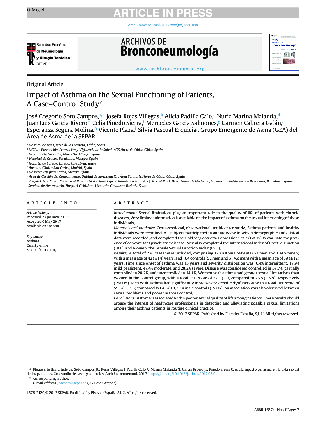 Impact of Asthma on the Sexual Functioning of Patients. A Case-Control Study