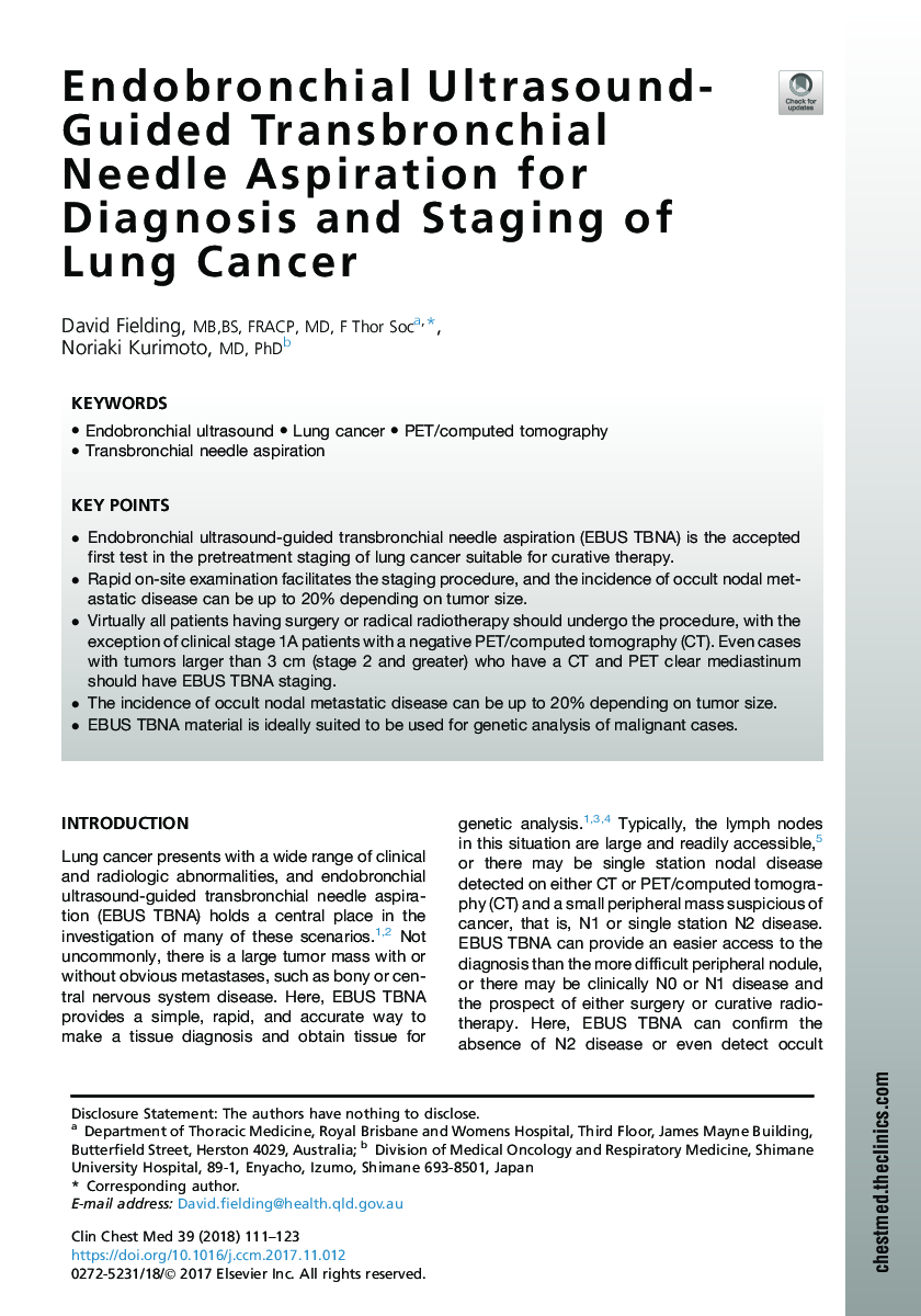 Endobronchial Ultrasound-Guided Transbronchial Needle Aspiration for Diagnosis and Staging of Lung Cancer