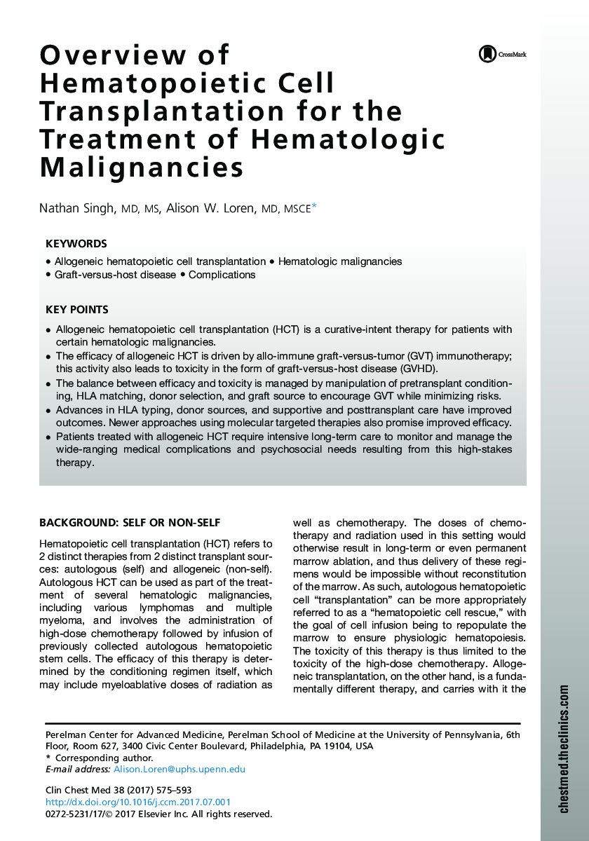 Overview of Hematopoietic Cell Transplantation for the Treatment of Hematologic Malignancies