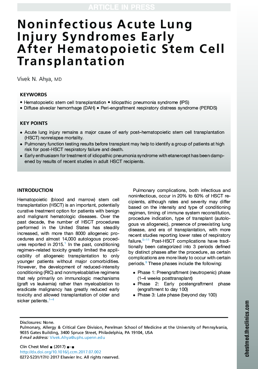 Noninfectious Acute Lung Injury Syndromes Early After Hematopoietic Stem Cell Transplantation