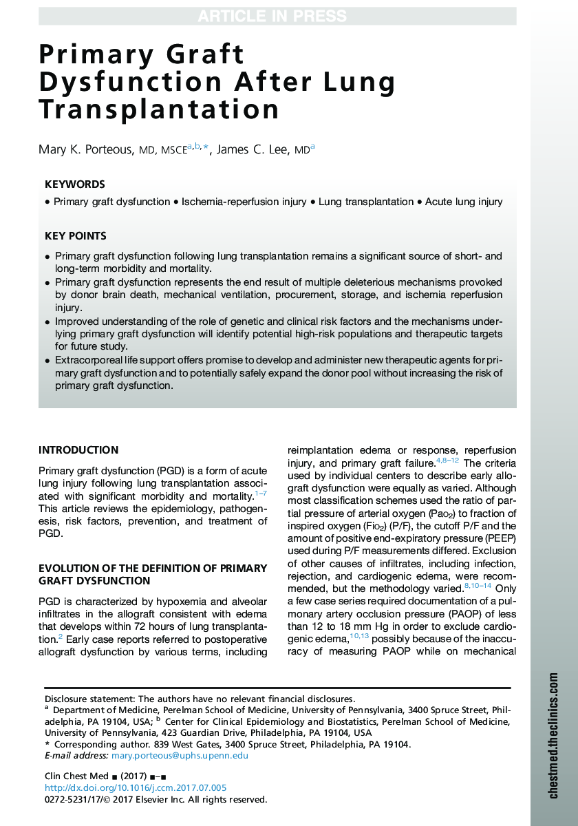 Primary Graft Dysfunction After Lung Transplantation