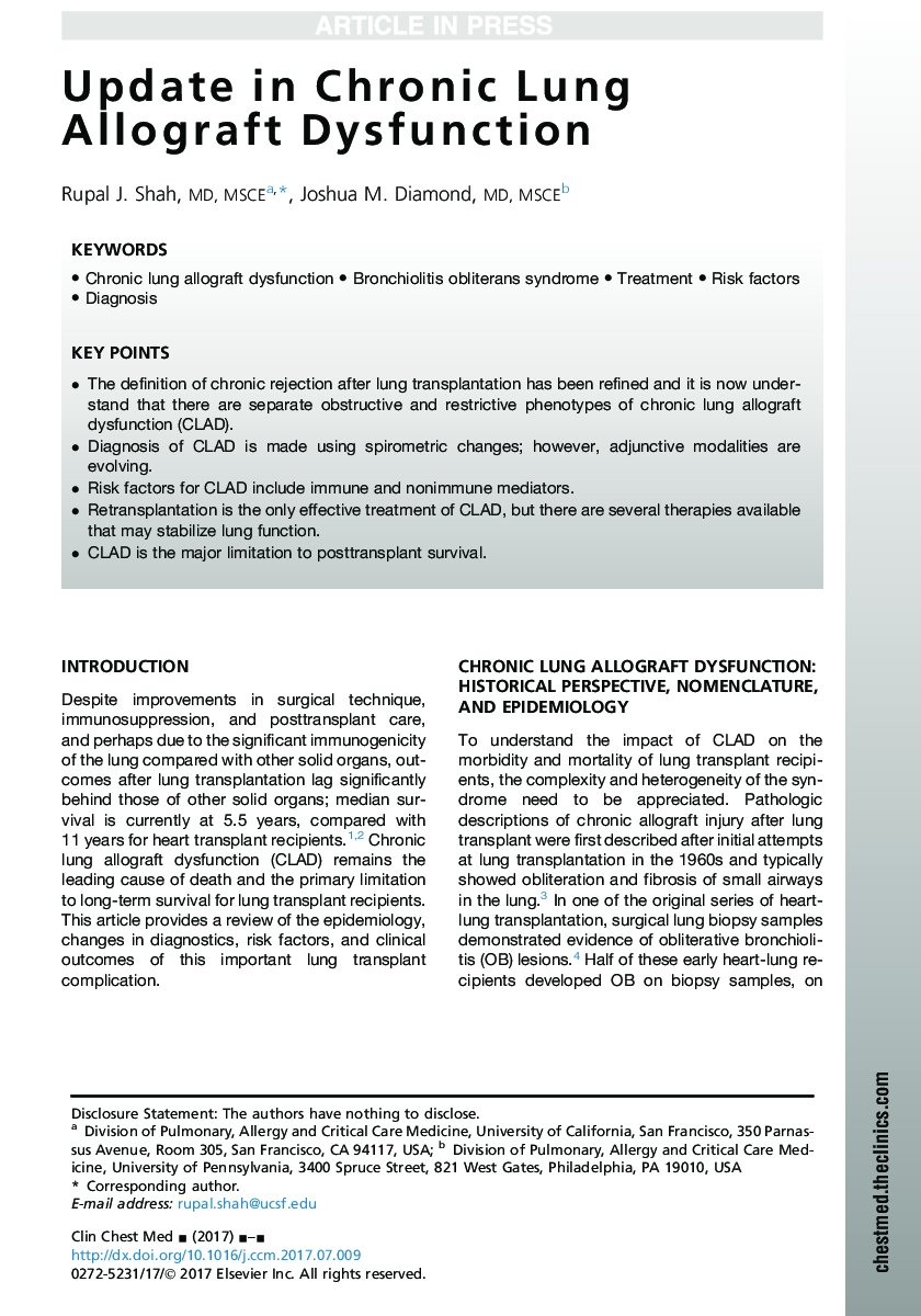 Update in Chronic Lung Allograft Dysfunction