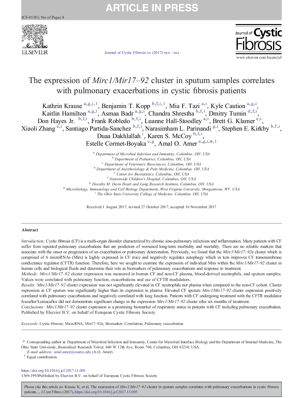 The expression of Mirc1/Mir17-92 cluster in sputum samples correlates with pulmonary exacerbations in cystic fibrosis patients