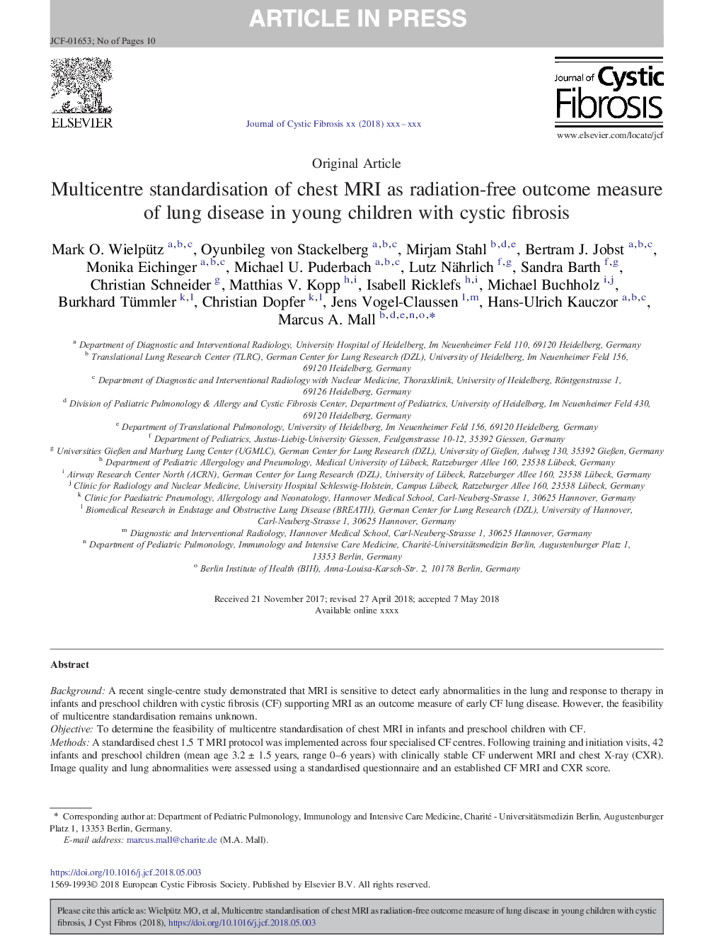 Multicentre standardisation of chest MRI as radiation-free outcome measure of lung disease in young children with cystic fibrosis