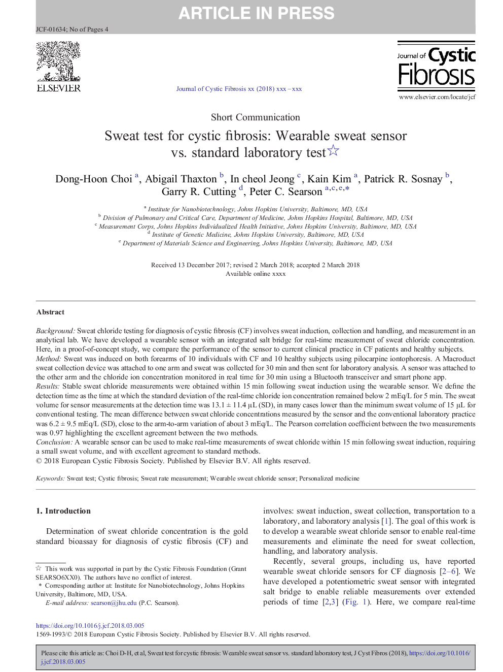 Sweat test for cystic fibrosis: Wearable sweat sensor vs. standard laboratory test