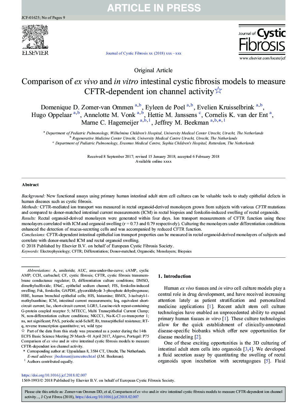 Comparison of ex vivo and in vitro intestinal cystic fibrosis models to measure CFTR-dependent ion channel activity