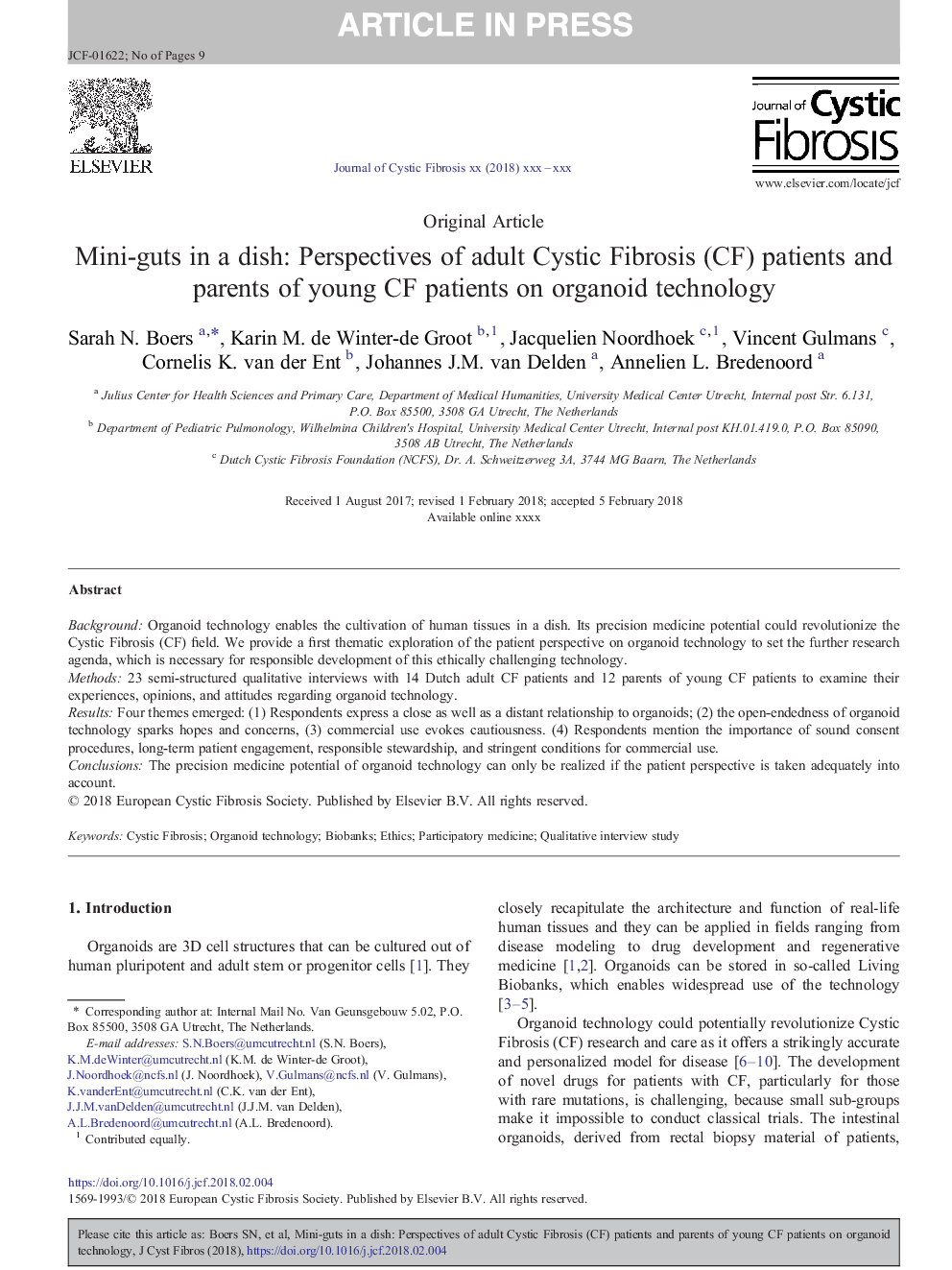 Mini-guts in a dish: Perspectives of adult Cystic Fibrosis (CF) patients and parents of young CF patients on organoid technology