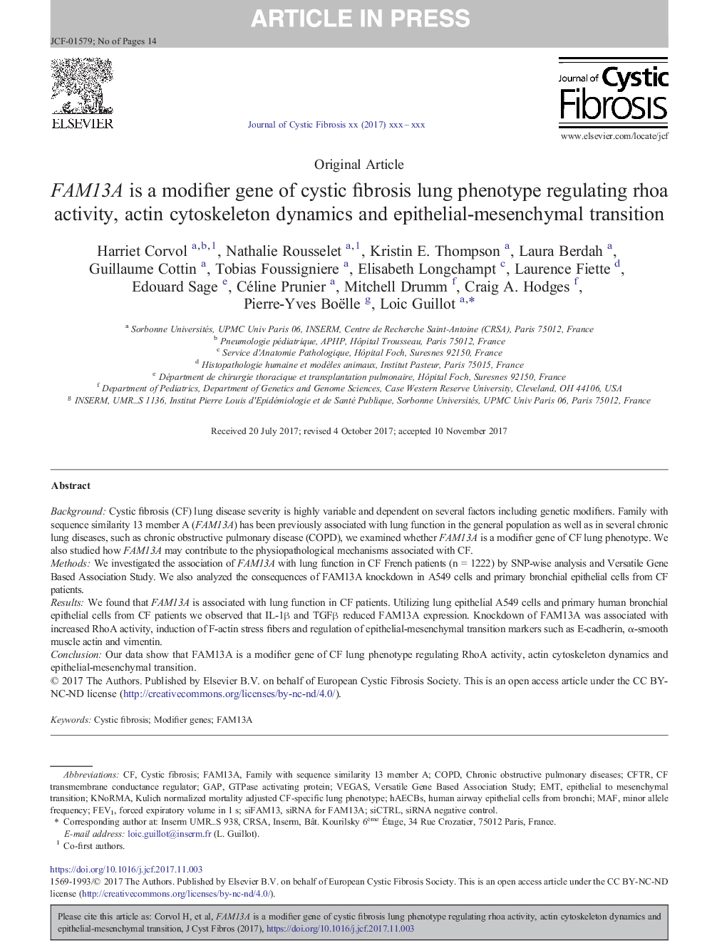 FAM13A is a modifier gene of cystic fibrosis lung phenotype regulating rhoa activity, actin cytoskeleton dynamics and epithelial-mesenchymal transition