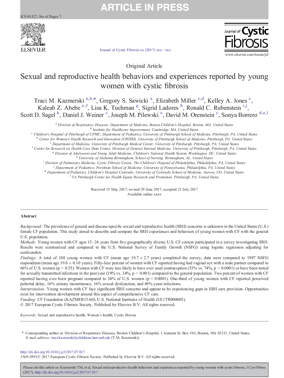 Sexual and reproductive health behaviors and experiences reported by young women with cystic fibrosis