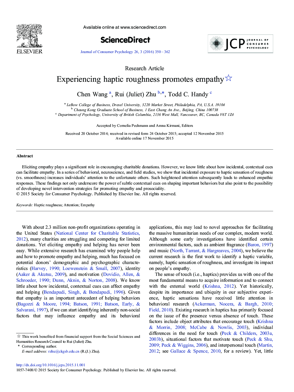 Experiencing haptic roughness promotes empathy 