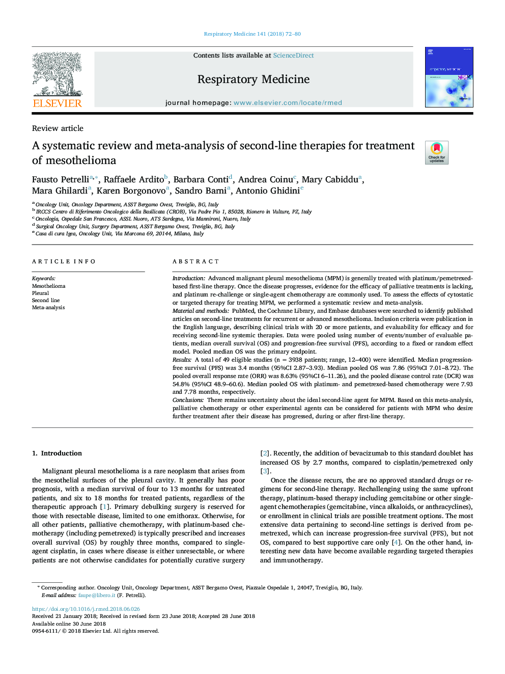 A systematic review and meta-analysis of second-line therapies for treatment of mesothelioma