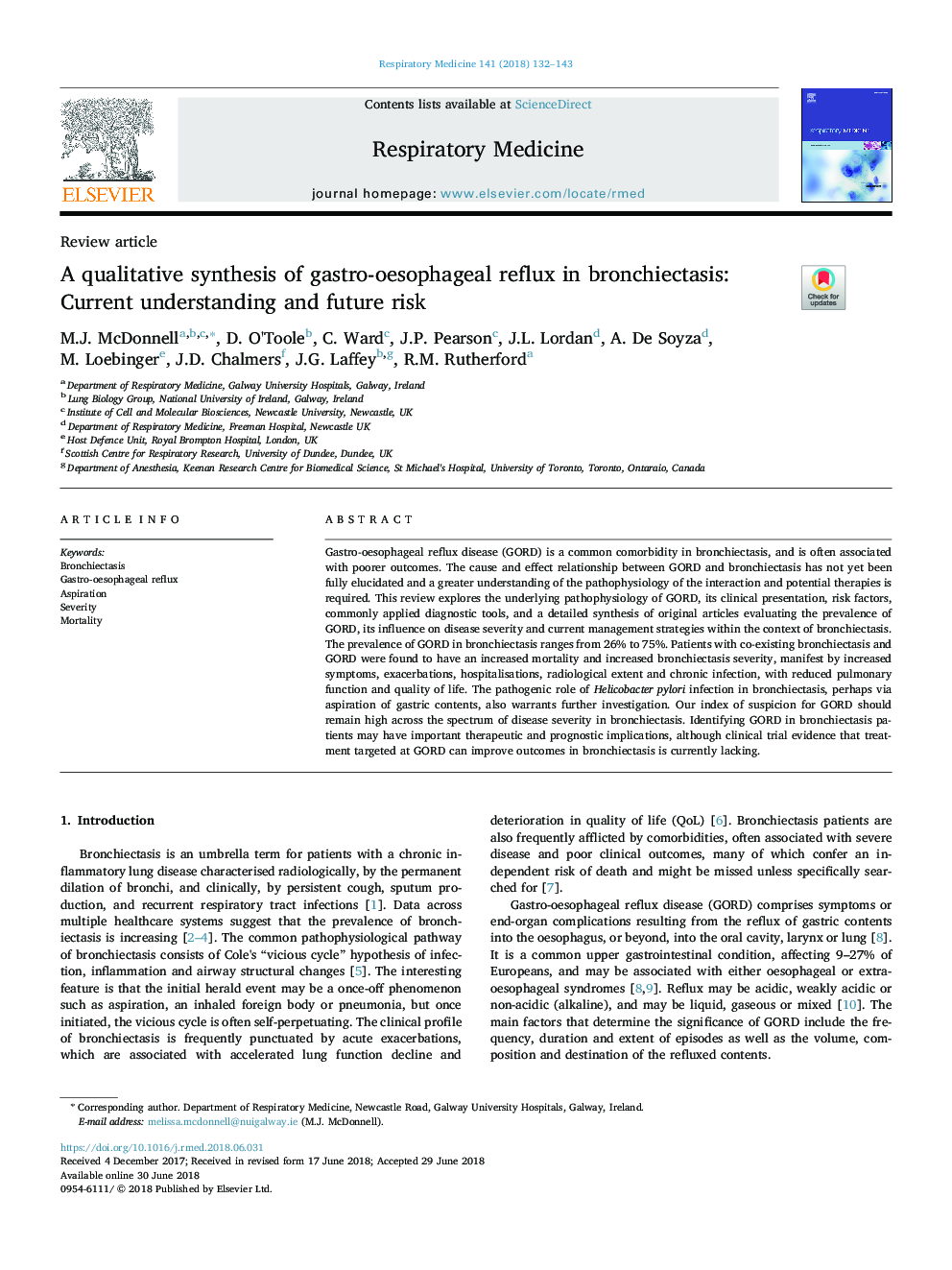 A qualitative synthesis of gastro-oesophageal reflux in bronchiectasis: Current understanding and future risk