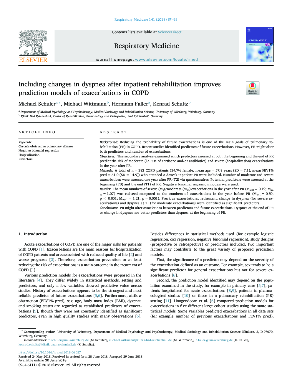 Including changes in dyspnea after inpatient rehabilitation improves prediction models of exacerbations in COPD