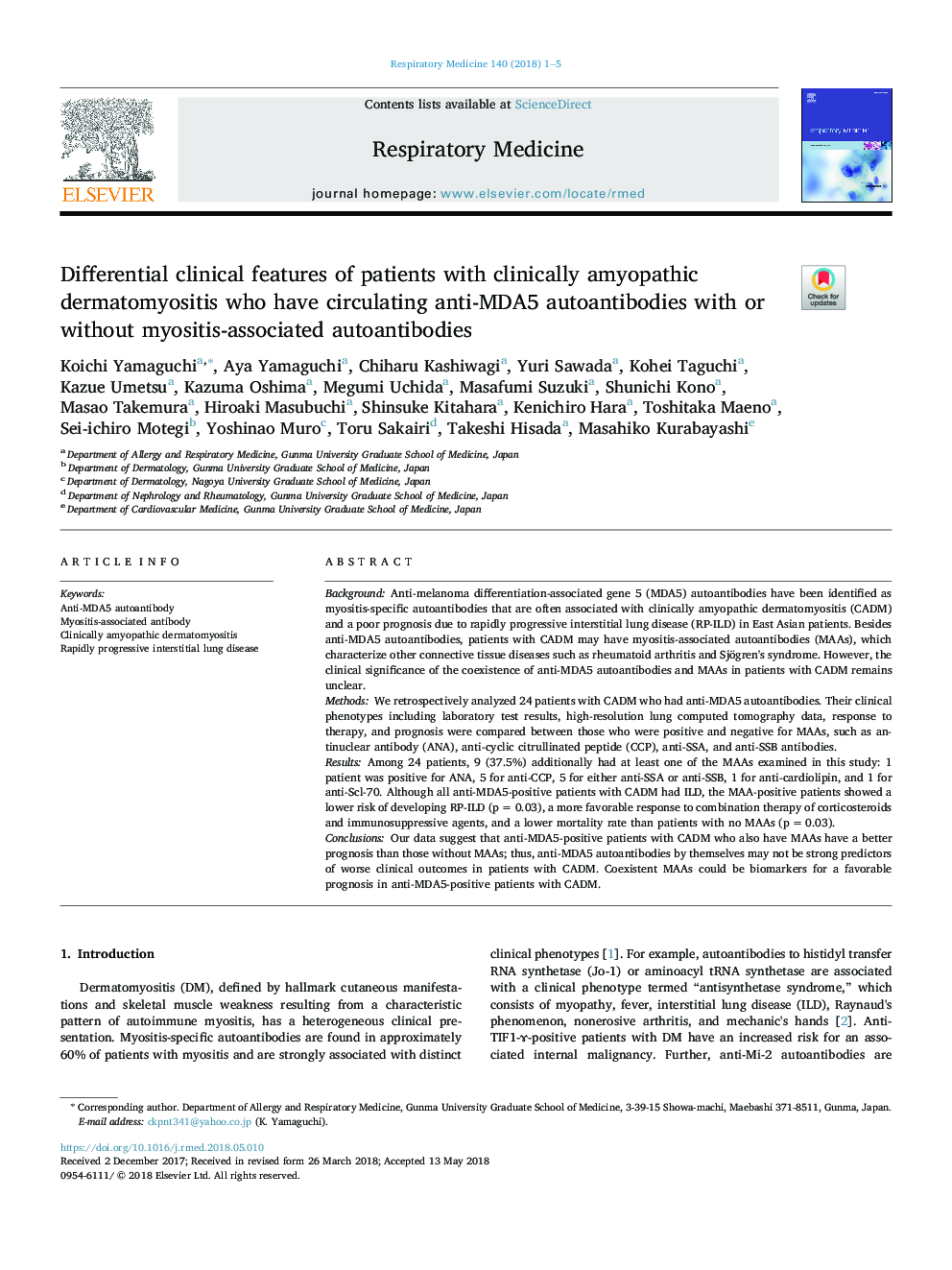 Differential clinical features of patients with clinically amyopathic dermatomyositis who have circulating anti-MDA5 autoantibodies with or without myositis-associated autoantibodies