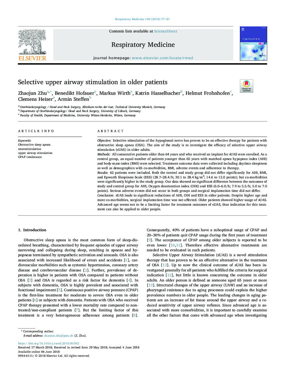 Selective upper airway stimulation in older patients