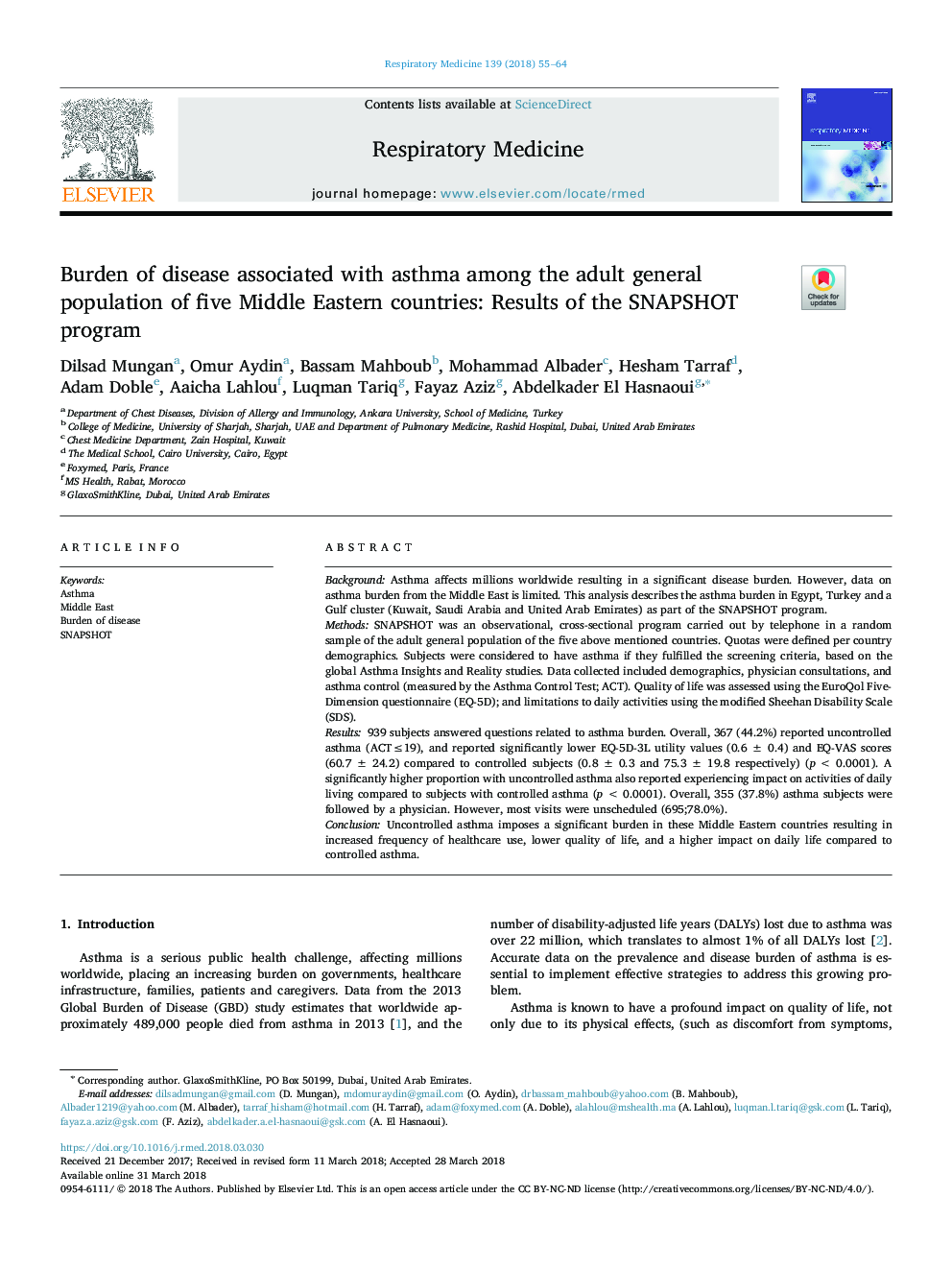 Burden of disease associated with asthma among the adult general population of five Middle Eastern countries: Results of the SNAPSHOT program