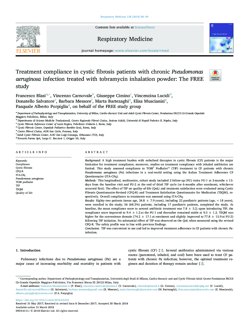 Treatment compliance in cystic fibrosis patients with chronic Pseudomonas aeruginosa infection treated with tobramycin inhalation powder: The FREE study